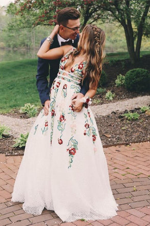 A Line V Neck Flower Appliques Prom Dresses, Long Evening Dresses ING76