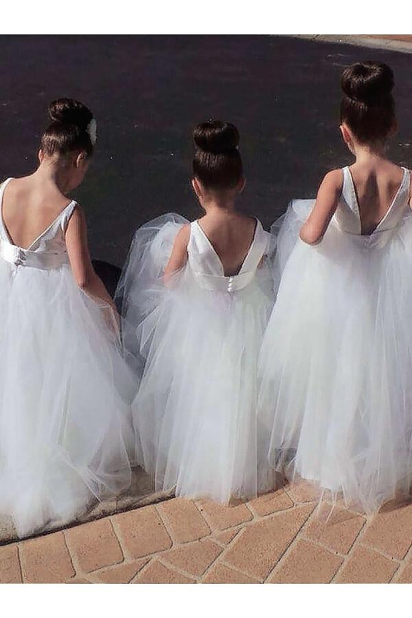 Princess White Ball Gown Jewel Sleeveless Floor-Length Tulle Flower Girl Dresses IN707