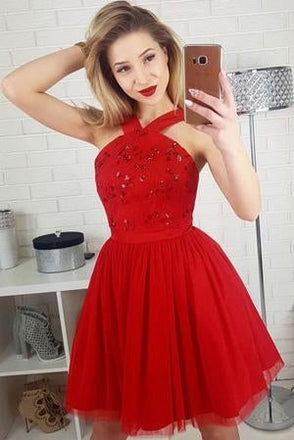 Cute A-Line Straps Red Homecoming Dresses,Sleeveless Short Prom Dress With Sequins IN472