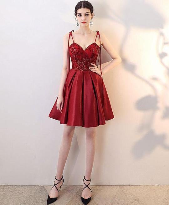 Burgundy V Neck A Line Satin Straps Short Homecoming Dresses INC30