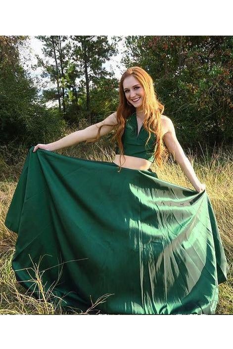 Two Piece Prom Dresses,Green Prom Gown,A Line Prom Dress,Simple Prom Dress,V Neck  Prom Dress
