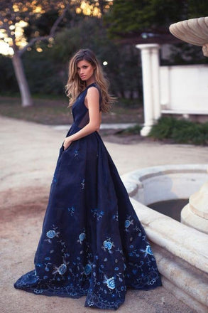 Elegant A-Line Deep V-Neck Navy Blue Long Prom Dress with Appliques Pockets IN973