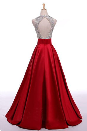 Red Long Beading A-line Prom Dresses, Cheap Satin Formal Evening Dresses For Teens IN153