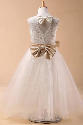 Ball Gown Jewel Sleeveless Bowknot Long Tulle Flower Girl Dresses With Sash IN702
