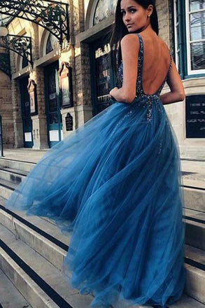 Cheap A Line Tulle Blue V Neck Beaded Long Prom Dresses INH24