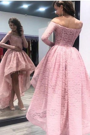 Fashion A-Line Off the Shoulder High Low Long Sleeves Pink Lace Prom Dress INF54