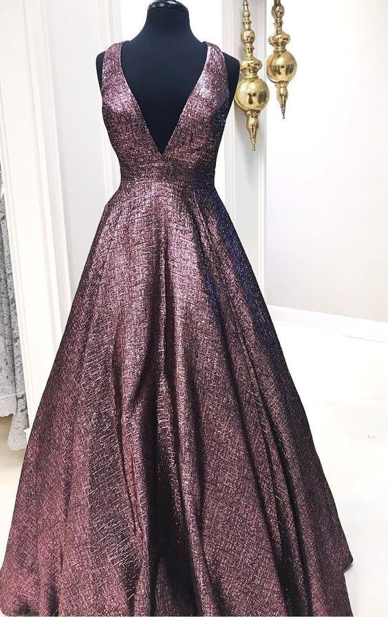 Elegant V Neck A Line Chocolate Long Prom Dress Ball Gown With Pockets IN948