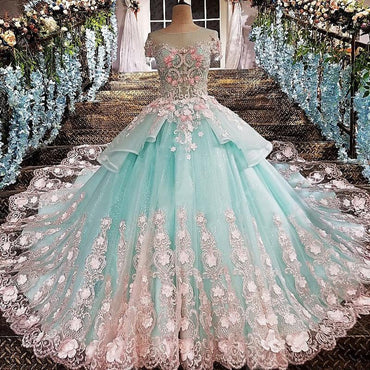 Princess Ball Gown Flower Appliques Prom Dress,Quinceanera Dresses INE65