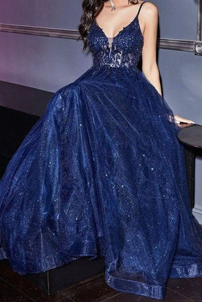 A-line Navy Blue Appliques Spaghetti Straps Long Prom Dresses Shinny Praty Gown IN1954