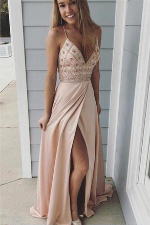 Sexy Spaghetti Straps Beaded Long A-Line Side Slit Prom Dresses INE40