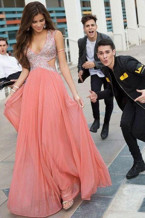 New A Line Backless Long V Neck Beads Chiffon Prom Dress INF4