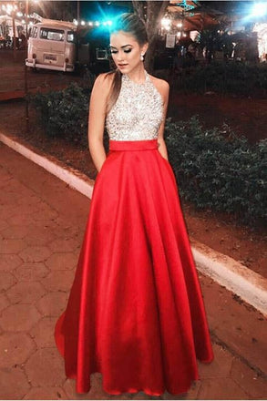 Pretty Open Back Long Beading Satin Red Halter Prom Dresses INH20