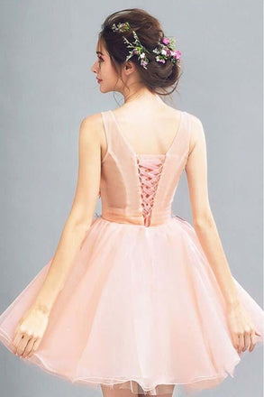 Peach Short A Line Lace Up Back Homecoming Dress With Flowers IND89