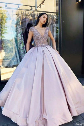 Charming Ball Gown V Neck Lavender Long Prom Dresses with Beading INF62