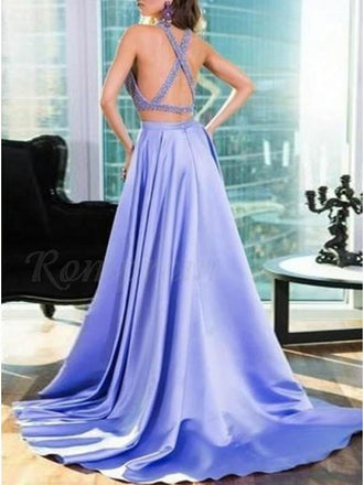 Two Piece Halter Keyhole Beaded Satin A Line Elegant Lavender Long Prom Dress IN941