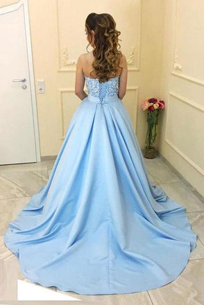 Modest A-Line Sweetheart Light Blue Long Prom Dress With Lace IN693