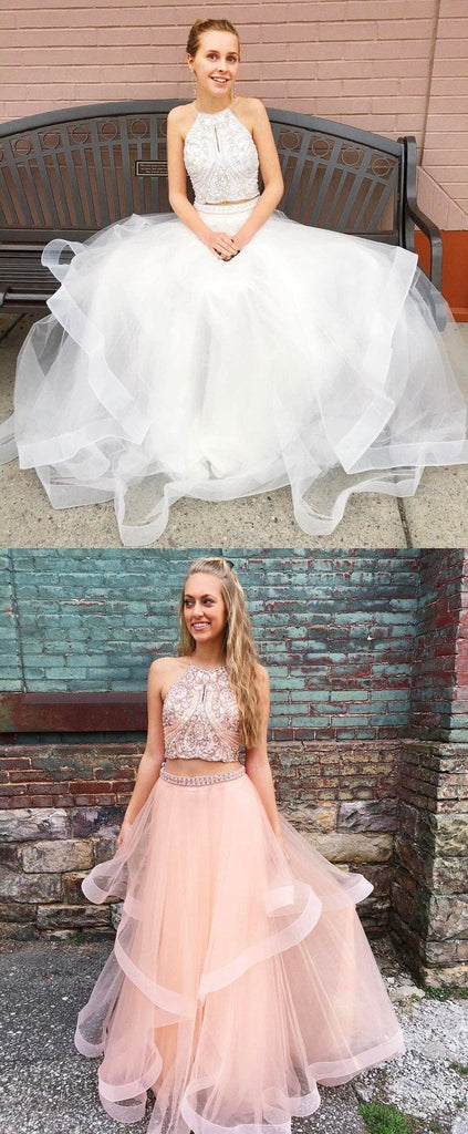 Two Piece Long Beading Long Tulle Prom Dress,A Line Evening Dresses INB21