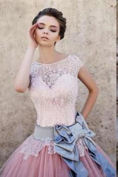 Princess Cap Sleeves Ball Gown Bateau Lace Bow-knot Pink Tulle Wedding Dresses IN563