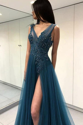 Blue See Through Split Backless Lace Appliques Tulle Long Prom Dress with Beading INB27