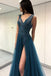Blue See Through Split Backless Lace Appliques Tulle Long Prom Dress with Beading INB27