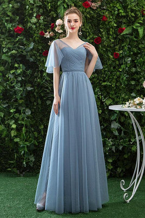 A Line V Neck CHiffon Blue Cheap Prom Dress, Long Bridesmaid Dresses INQ81