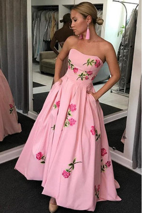 A-Line Sweetheart Strapless Pink Long Prom Dress With Embroidery Pockets INK63