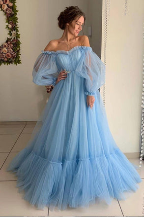 Sky Blue Tulle Off the Shoulder Long Prom Dress, Elegant Evening Dresses INJ43