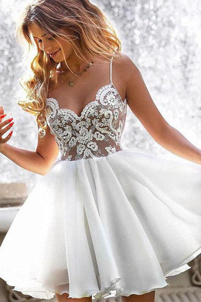 A Line Spaghetti Traps White Homecoming Dress With Appliques INM3