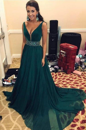 Simple V-Neck Sweep Train Dark Green Chiffon Prom Dress with Beading INF67