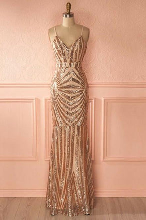 Mermaid Spaghetti Straps Rose Gold Long Sexy Prom Dress with Sequins IND75