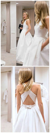 Simple Satin Jewel A-line Long Bow-not Wedding Dresses With Pocket IND17