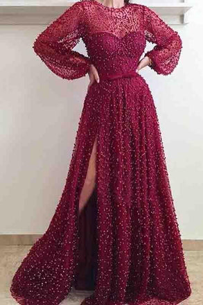 Cheap A Line Burgundy Long Sleeve Vintage Split Prom Dress INE95