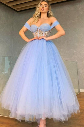 Unique Off-the-Shoulder Sweetheart Cristal A Line Tea Length Tulle Prom Dress IN1955