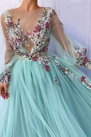 Princess Scoop Floral Appliques Long Puffy Sleeves Prom Dress INI31