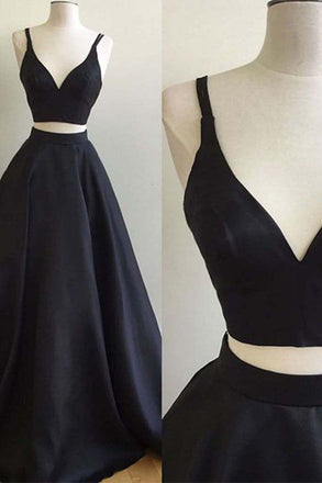 Simple Black Burgundy Satins V-neck Two Pieces A-line Prom Dresses IN131