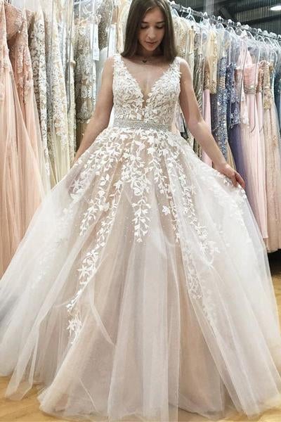 Elegant A-Line V-Neck Long Tulle Backless Wedding Dress with Beading Appliques IN561
