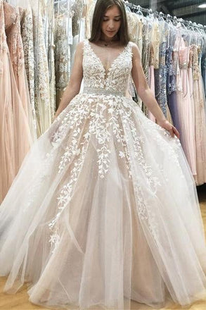 Elegant A-Line V-Neck Long Tulle Backless Wedding Dress with Beading Appliques IN561