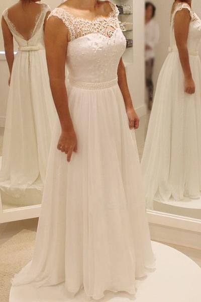 Simple Ivory A Line Backless Chiffon Long Wedding Dress With Lace Top IN527