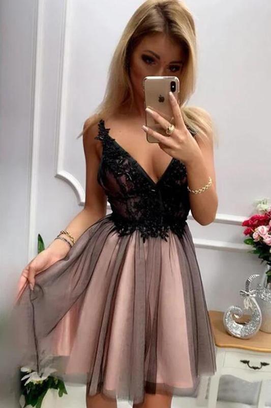 Stylish A Line V Neck Gray Short Homecoming Dresses With Appliques INO43