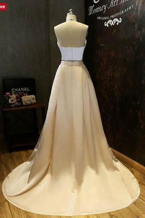 Simple Two-Piece Gold Halter Long Prom Evening Dress With White Top IN600
