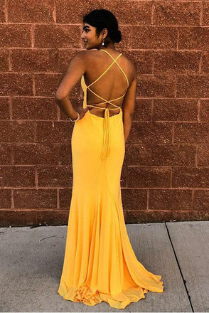 Mermaid Spaghetti Straps Floor-Length Yellow Sexy Prom Dress INQ67