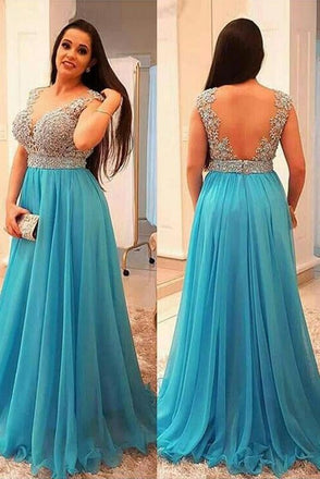 A-Line V-neck Sleeveless Beading Chiffon Ice Blue Plus Size Dresses INF44