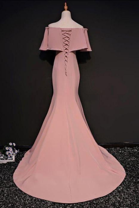 Elegant Trumpet Mermaid Off-the-shoulder Floor Length Pink Prom Dress With Slit IN631