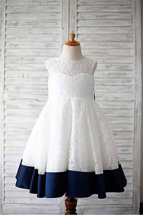 A-line Scoop Sleeveless Bowknot Floor-Length Lace Flower Girl Dresses With Navy Sash IN723