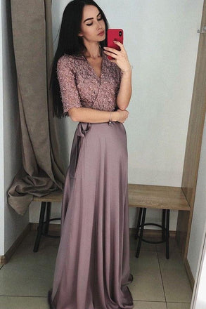 A Line V-Neck Half Sleeves Purple Long Prom Dress with Lace Top INF7