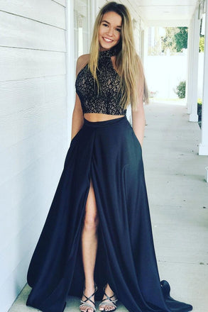 A-line Lace Bodice Navy Two Piece High Neck Prom Dresses Pockets with Split IN635