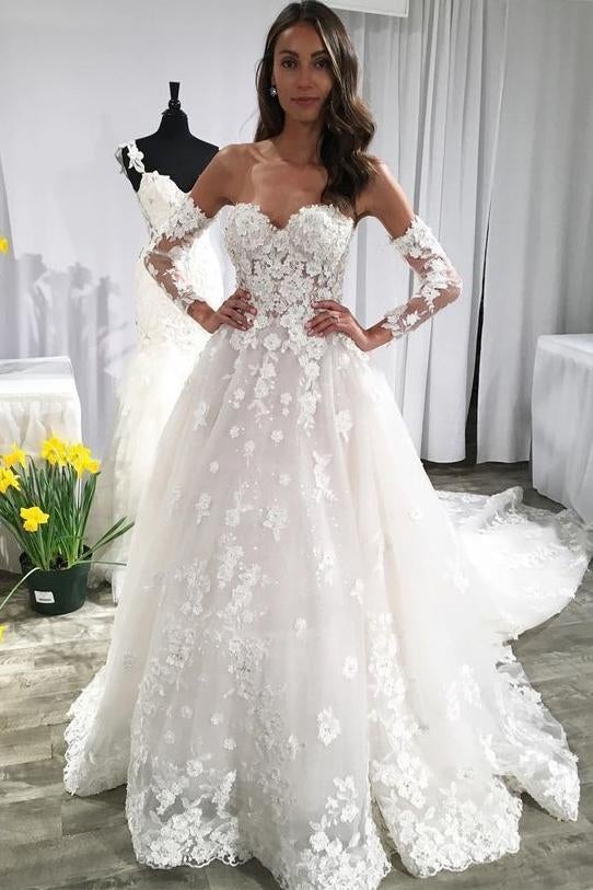 Long Sleeves Ivory Lace Appliques Backless Long Wedding Dress with Train INF23