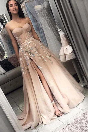 Elegant Sweetheart Long Split Prom Dress with Appliques A Line Evening Dress INH30