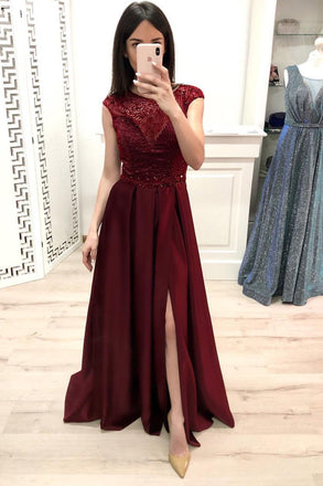 Burgundy A Line Cap Sleeves Prom Dresses, Long Beading Slit Prom Gown INK28