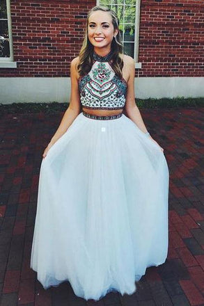 Two Piece Halter Embroidered Tulle Prom Dresses Cheap A Line Long Formal Dresses INN78